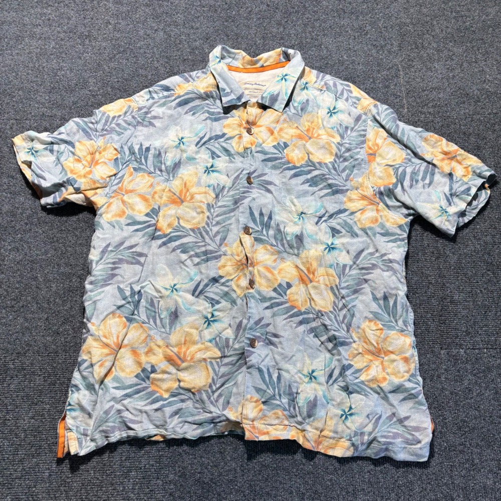 Tommy Bahama Mens XL Linen Floral Hibiscus Short Sleeve Button Up Shirt Blue